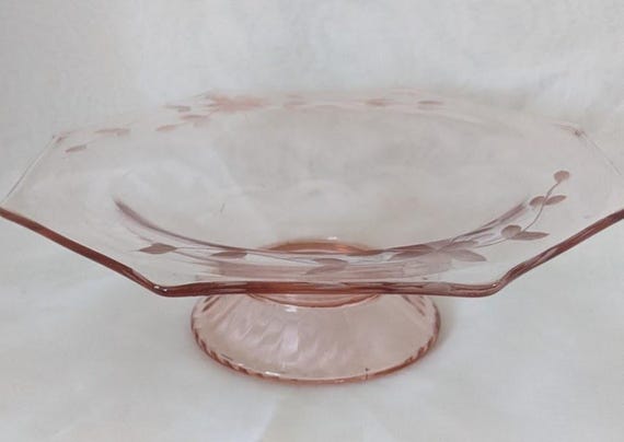 Vintage Lancaster Pink Depression Glassware.  Octogen Pink Depression Pedestal Etched Flower Serving Bowl