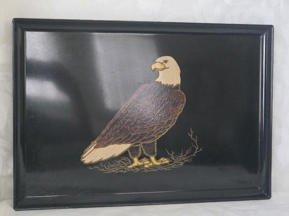 Mid Century Modern Vintage Couroc "Bald Eagle" Inlay Large Serving Tray.  Large Black Lacquer Serving Tray.