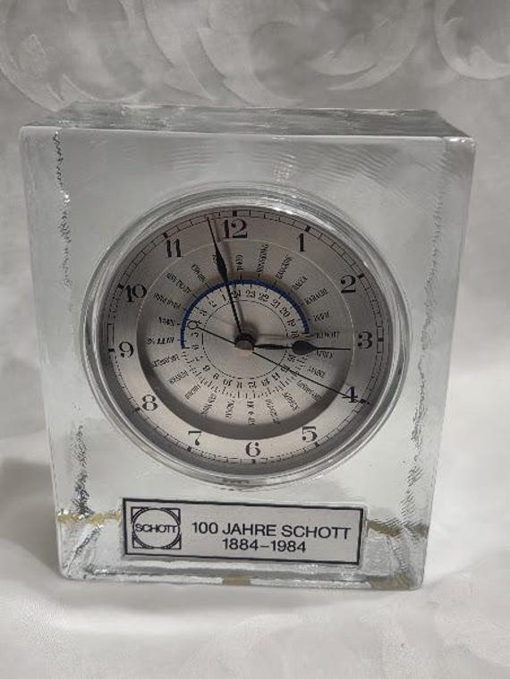 Schott Glaswerke German Ice Block Glass Desk Clock. 100th Anniversary 1884-1984 World Time Dial Heavy Glass Clock