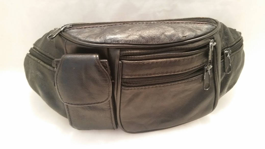 Vintage Black Leather Medium Size Fanny Pack. Retro Leather Belt Bag