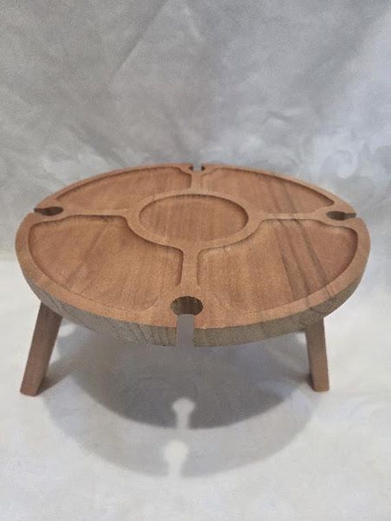 Wooden Outdoor Wine Table Charcuterie Board.  Round Serving Collapsible Legs Platter.