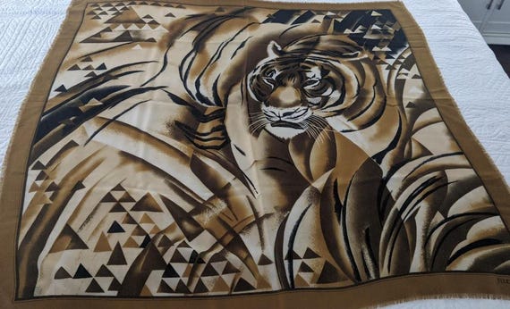 Ellen Tracy Gold/Black Safari Style Large Square Scarf.  Tiger Print Large Square 100% Wool Scarf.  Designer Scarf