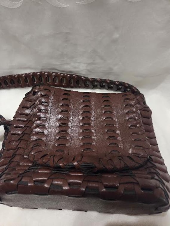 Vintage Brown Woven Faux Leather Crossbody Bag.  Very Sturdy Crossbody Purse