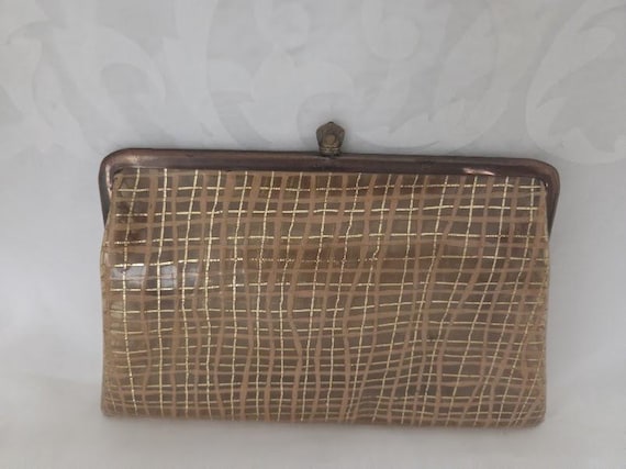 Vintage Metallic Plaid Plastic Clutch. Retro Clear Plastic Clutch Press Copper Latch Closure