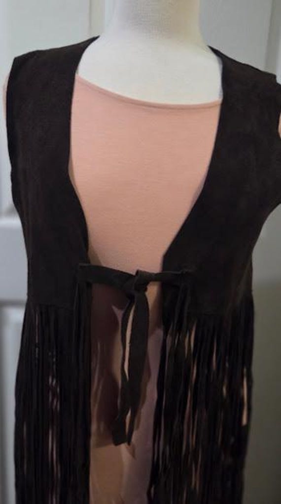 Vintage Dark Brown Women's Long Fringe Vest. Boho Long Tassel Brown Suede Vest. Cowgirl Suede Vest