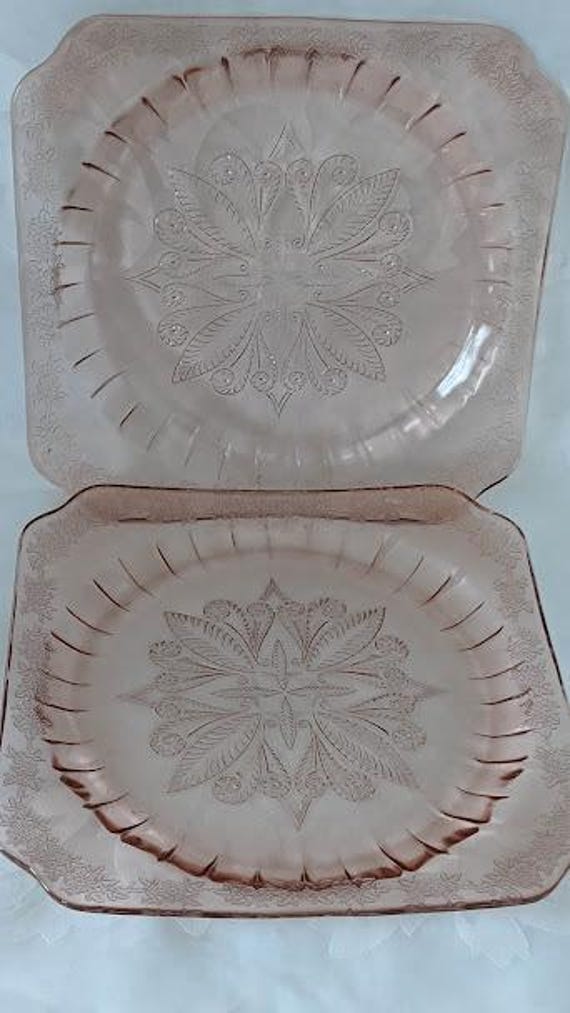 Vintage Pink Depression Glass Set of Two Dinner Plates.  Adam Square (not footed) Dinner Plates. Jeannete Glass Company