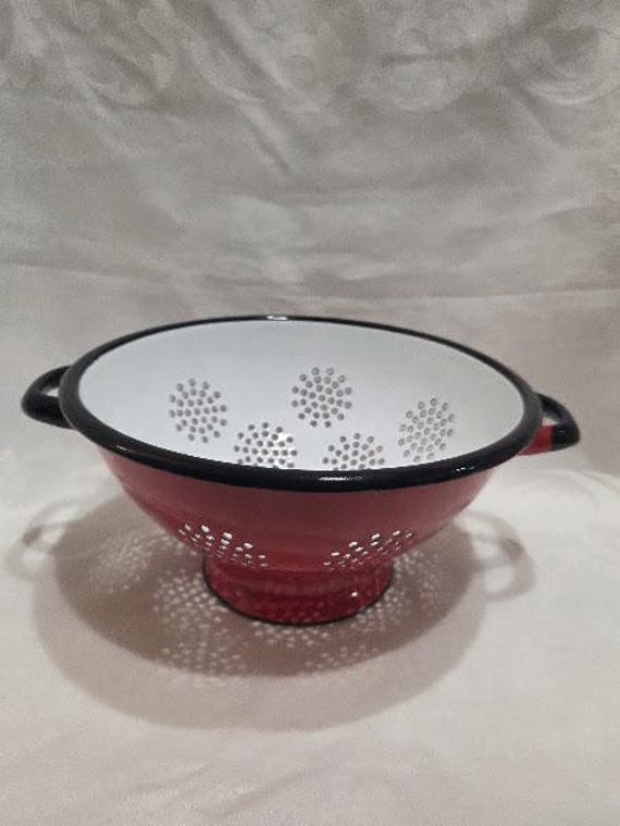 Vintage Enamelware Colander. Red, White and Black Two Handle Enamel Strainer.