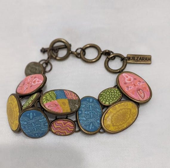 Vintage Jilzarah Floral Medalion Clay and Brass Bracelet.  Mod Clay Women's Adjustable Bracelet.