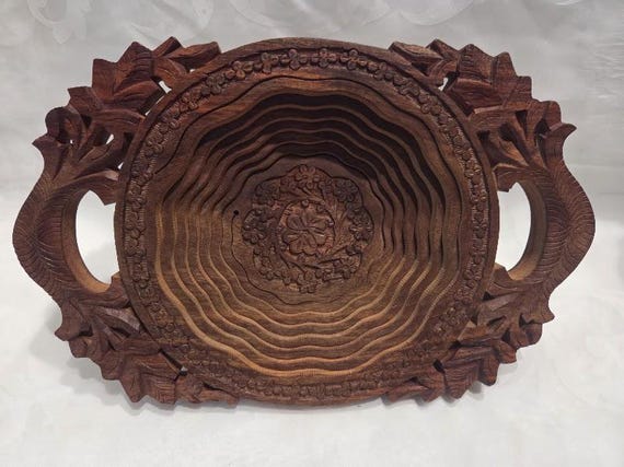 Collapsible Hand Made Wood Basket. Ornate Hand Carved Wooden Basket.