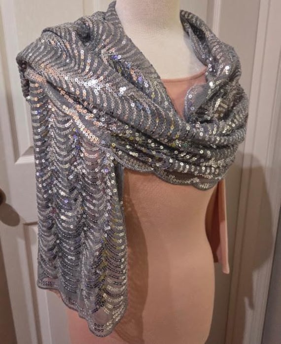 Silver Sequins Shawl Scarf.  Long Glitter Scarf/ Wrap for Evening or Formal wear