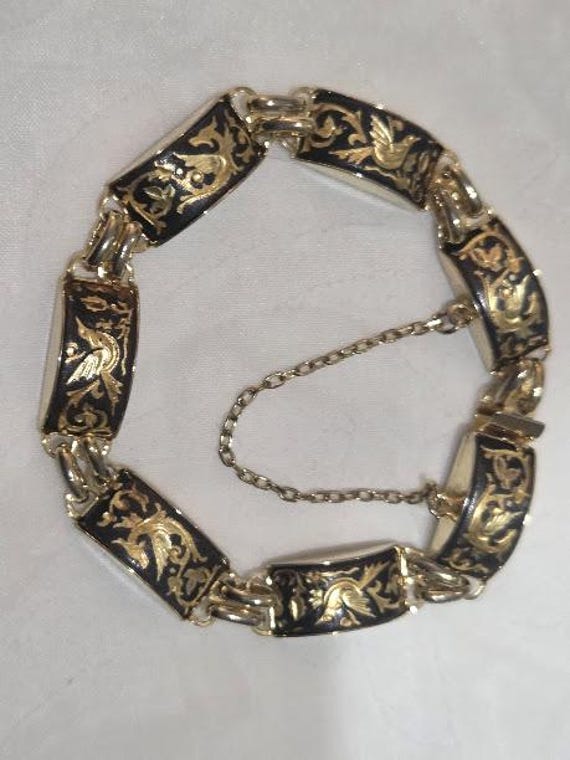 Vintage Gold Tone IA Midas of Toledo Spain Damascene Bracelet with safety chain.