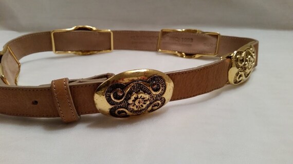 Vintage Leatherock Tan and Gold Belt. Tan Leather… - image 3