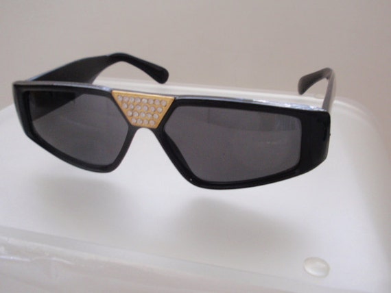 Vintage Black/Bling Sunglasses.  Large Flat Top Plastic Shades. Cool Large Frames.