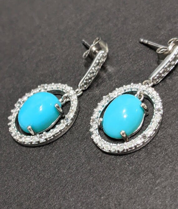 Sterling Silver Oval Turquoise Drop Earrings.  Diamonique Style Halo Oval Turquoise Drop Formal Earrings.