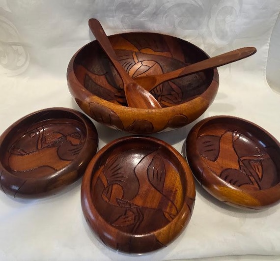 Vintage Hand Carved Wood Salad Bowl Set. Serving Bowl and Utensils Floral Motif Hand Carved