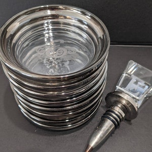 Vintage Glass and Silver-Plated Coasters.  Scrolled Monogrammed E Silver/ Glass Set of 8 Coaters and Wine Stopper SALE