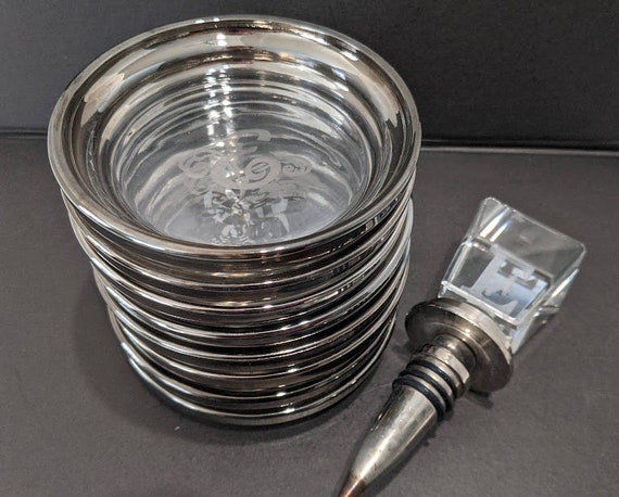 Vintage Glass and Silver-Plated Coasters.  Scrolled Monogrammed E Silver/ Glass Set of 8 Coaters and Wine Stopper SALE