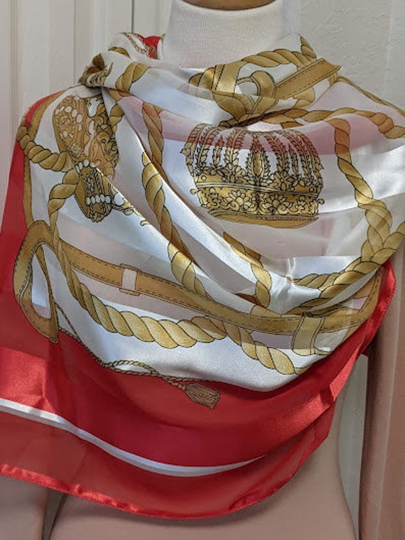 Vintage Large Polyester Wrap/Scarf Red and Gold . Red & gold Crown and Rope Large Wrap/Scarf. Large Designer Style Scarf. Gold Crown/Ropes