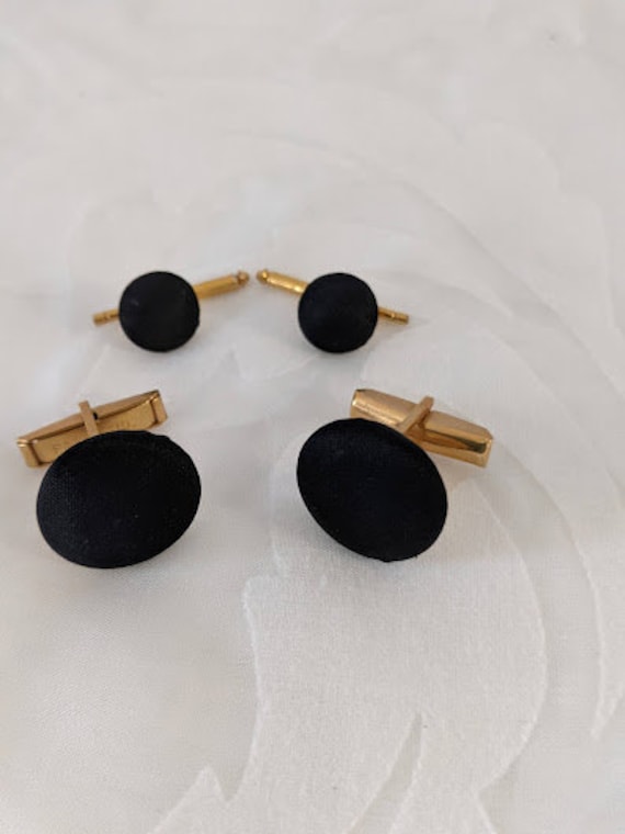 Black Fabric Cuff Links With Matching Shirt Collar Studs.  Black and Gold Tone Cuff Links With Matching Shirt Collar Studs