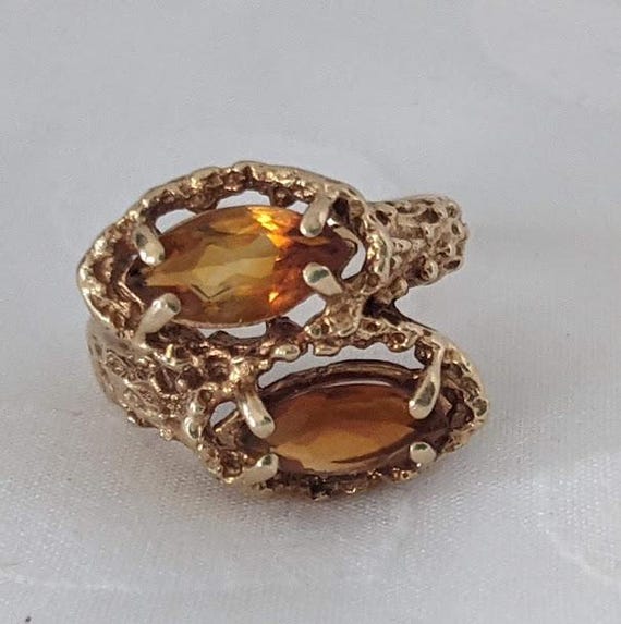 Vintage 14K Yellow Gold Orange Citrine Two Stone Statement Ring.  Organic Texture Yellow Gold and Orange Citrine Women's Ring Size 7