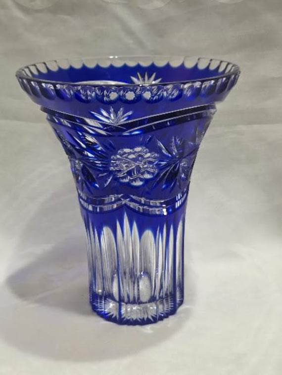 Vintage Bohemian Cobalt Blue Crystal Vase. Lead Crystal Cobalt Blue Overlay Starburst Flowers Art Nouveau