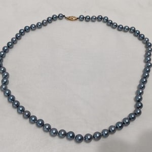 Vintage Silver/Blue Fresh Water Pearl Necklace. 14K Filigree Fish Clasp Blue Japan Fresh Water Pearl Necklace.
