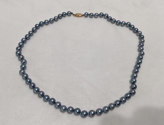 Vintage Silver/Blue Fresh Water Pearl Necklace. 14K Filigree Fish Clasp Blue Japan Fresh Water Pearl Necklace.