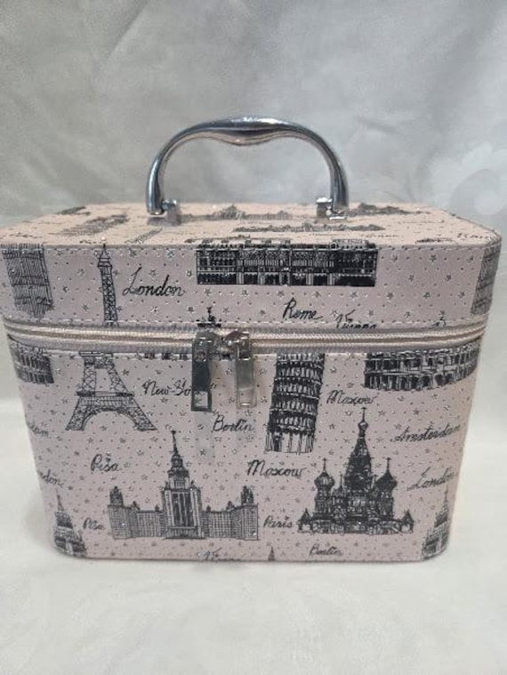 Pale Pink Travel Theme Cosmetic Case.  Hard Shell Cosmetic Case with Handle