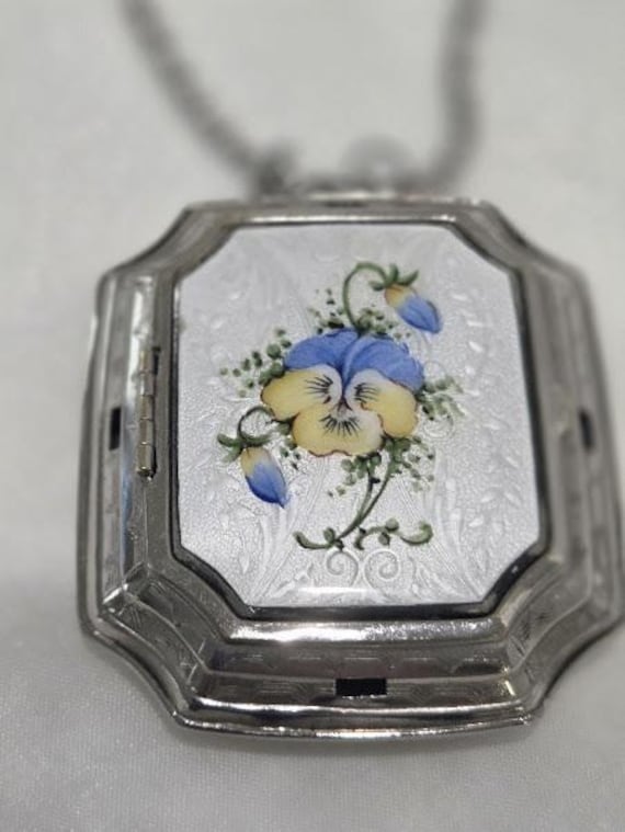 Chatelaine Antique Compact.  White Guilloche Enamel Hand Painted Pansies Victorian Powder Compact Pendant and Chain