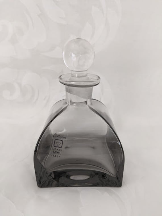 Collezione Glass Line Italy Perfume Bottle. Smoke Gray Heavy Crystal Perfume/Bath Oil Bottle with Glass Ball Stopper. Square Base Bottle
