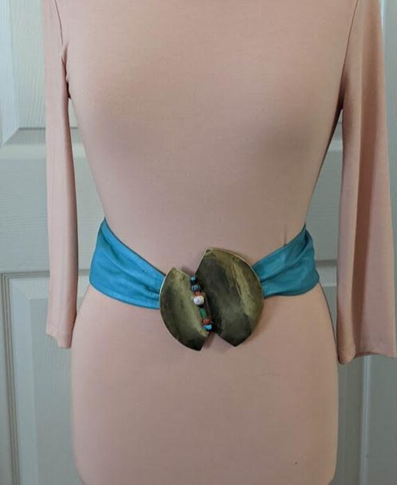 Vintage Teal Blue Cinch Leather Belt with Distressed Brass Buckle Signed by Artist.