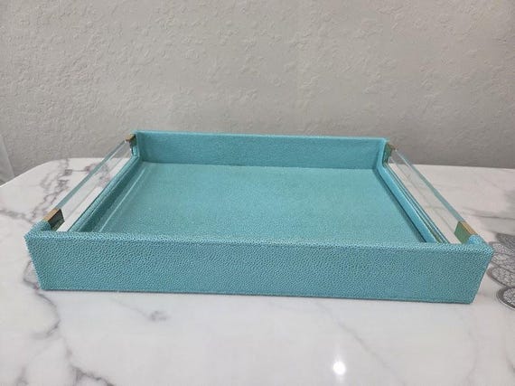 Large Teal Faux Leather Decorative Tray.  Acrylic Side Handle Decorative Tray.