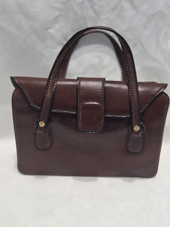 Vintage Top Handle Tan Leather Satchel Made in Italy for Alexander's.  Accordion Style Brown Leather Satchel Italian Leather.
