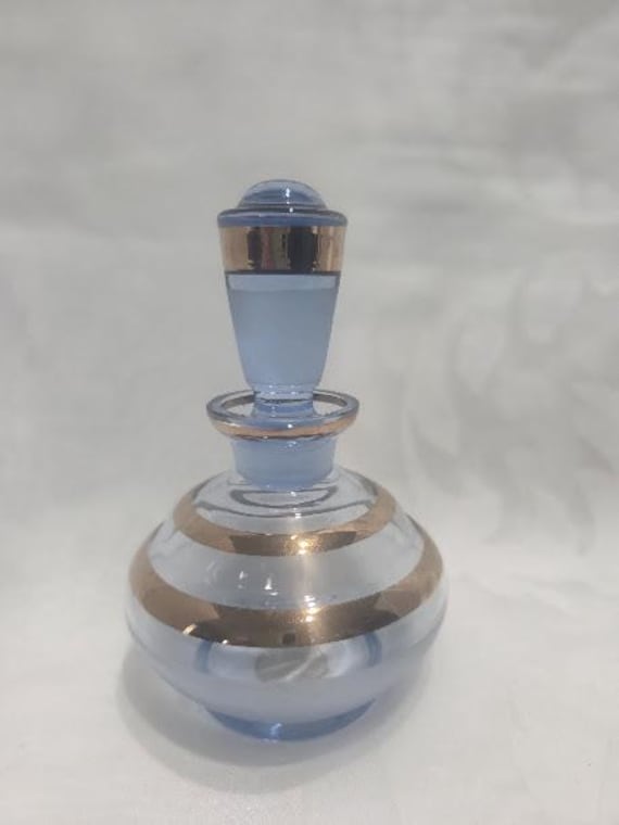 Vintage Irving Rice West Germany Gold Rimmed Perfume Bottle. Collectible Irving Rice Blue /Gold Rimmed Perfume Bottle/ Glass Topper