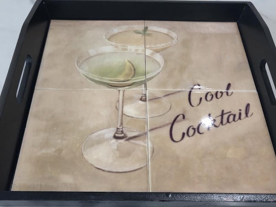 Black Wood Serving Tray Featuring Four Glossy Tiled Inlay with a "Cool Cocktail" Martini Graphic