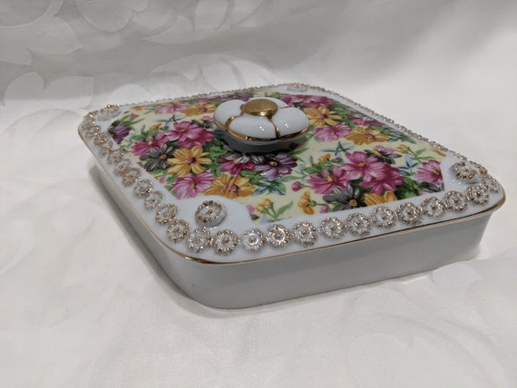 Vintage Tilso Japan Diamond Shaped Porcelain Vanity Box With Two Small tiny Trays.  Hand Painted Gold Gilded Bisque Floral Diamond Box