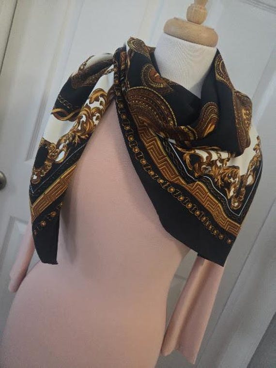 Vintage Black and Gold Chain and Medallions Large Square Fashion Scarf/SchawlFREE