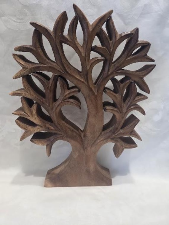 Hand Crafted Wood Free Standing Carved Tree of Life. Mantel Piece Wood Tree Of Life
