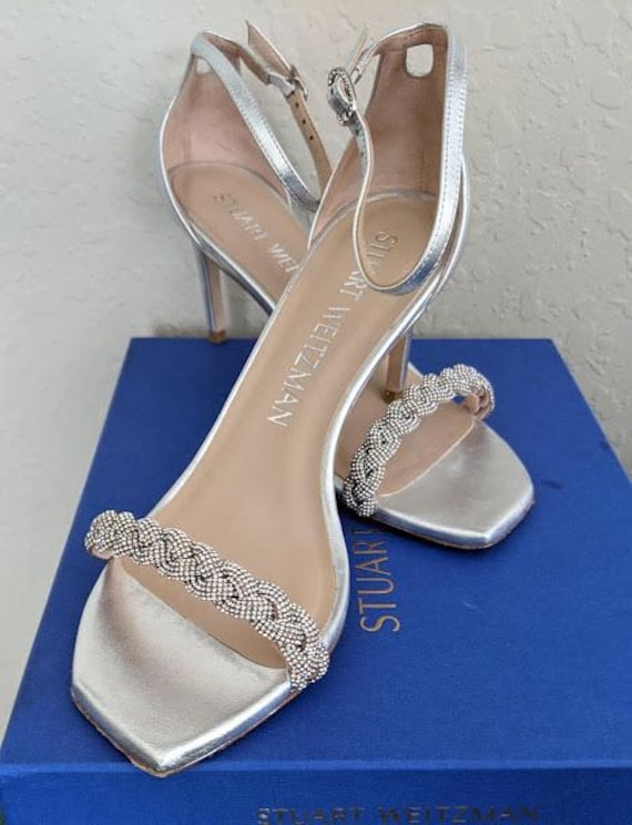 Stuart Weitzman Silver Crystal NudistCurve 9.5B Women's Evening/Party Shoes. Made in Spain