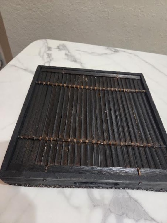 Bamboo, Wicker and Wood Dark Brown Tray. 12 X 12 Square Bamboo Slats Vintage Display Tray