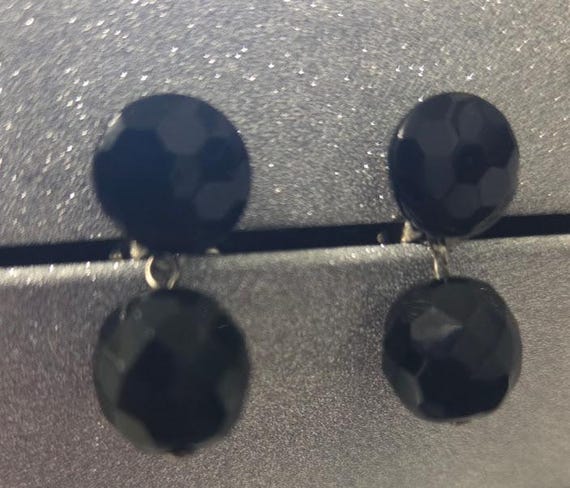Vintage Black Faceted Crystal Button Top with Dangling Bead Clip-on Earrings, Made in Austria
