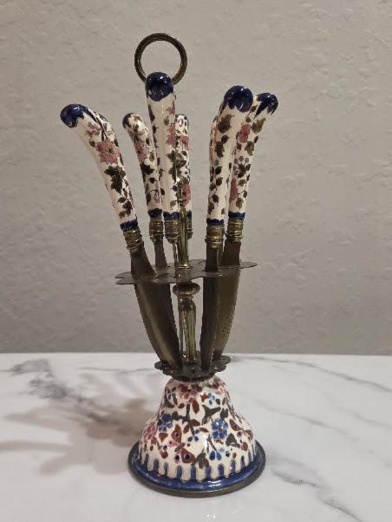 Antique Fruit Knife Set with Caddy. Victorian Meissen Style Porcelain Handles with Bronze Blades and Caddy.