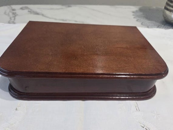 Vintage Mohagany Wood Jewelry Box. Blue Velvet Sectioned Interior Rectangular Wood Jewelry Box