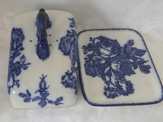 Vintage Ironstone Oversized Lidded Cheese Dish / Blue White Rose Pattern Staffordshire England