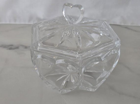 Vintage Bohemian Crystal Lidded Hexagon Shape Heart Design Candy Dish.