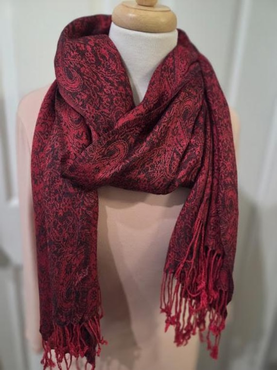 Vintage Red Black Paisley design Long Rectangular Scarf.  Long Rectangular Rayon Scarf with Tassels