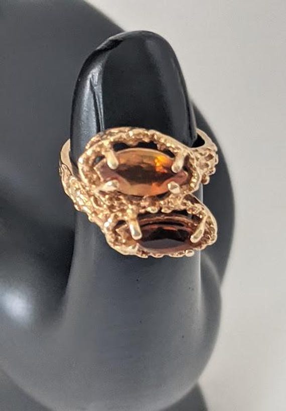Vintage 14K Yellow Gold Orange Citrine Two Stone Statement Ring.  Organic Texture Yellow Gold and Orange Citrine Women's Ring Size 6.5