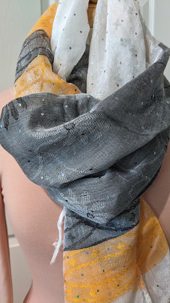 Vintage Rectangular Grey-White-Melon Sparkly Scar… - image 8