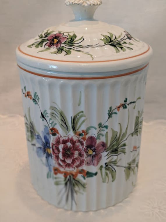 Vintage Porcelain Jar With Lid Hand Painted, Made in Italy.  Wild Flowers Hand Painted  Ridged Ceramic Jar. Ceramic Hand Painted Canister