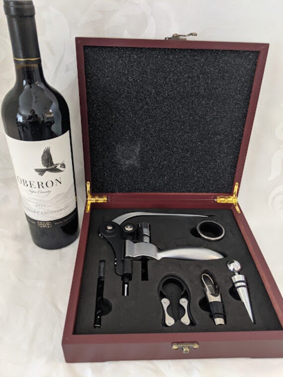 Wine Opener Set In Cherry Wood Box.  Connoisseur's Deluxe Wine Opener.  Cherry Wood Wine Opener box Set.  Bottle Opener and Accessories.